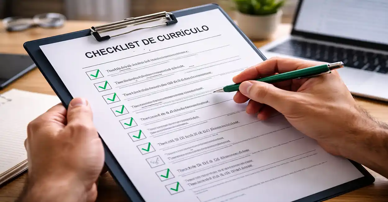 Pessoa segurando uma prancheta com um checklist ao lado de um currículo