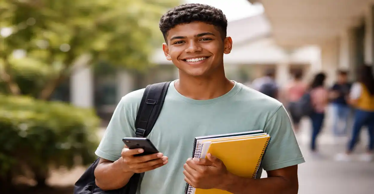 Estudante segurando caderneta de poupança representando o programa Pé-de-Meia do governo federal
