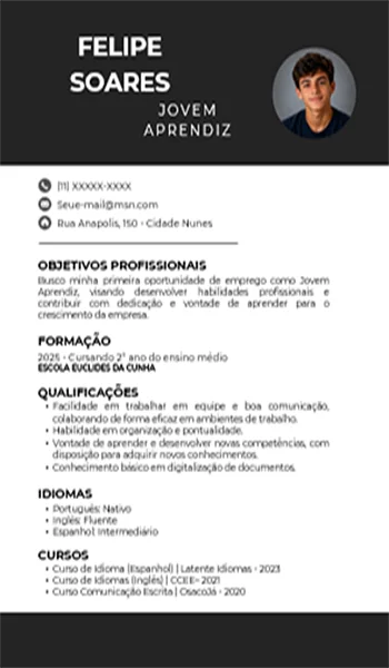 Modelo de Currículo Jovem Aprendiz para preencher online e baixar em PDF grátis
